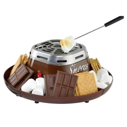 Nostalgia Indoor Electric Stainless Steel S'mores Maker with 4 Compartment Trays for Graham Crackers, Chocolate, Marshmallows and 2 Roasting Forks, Brown